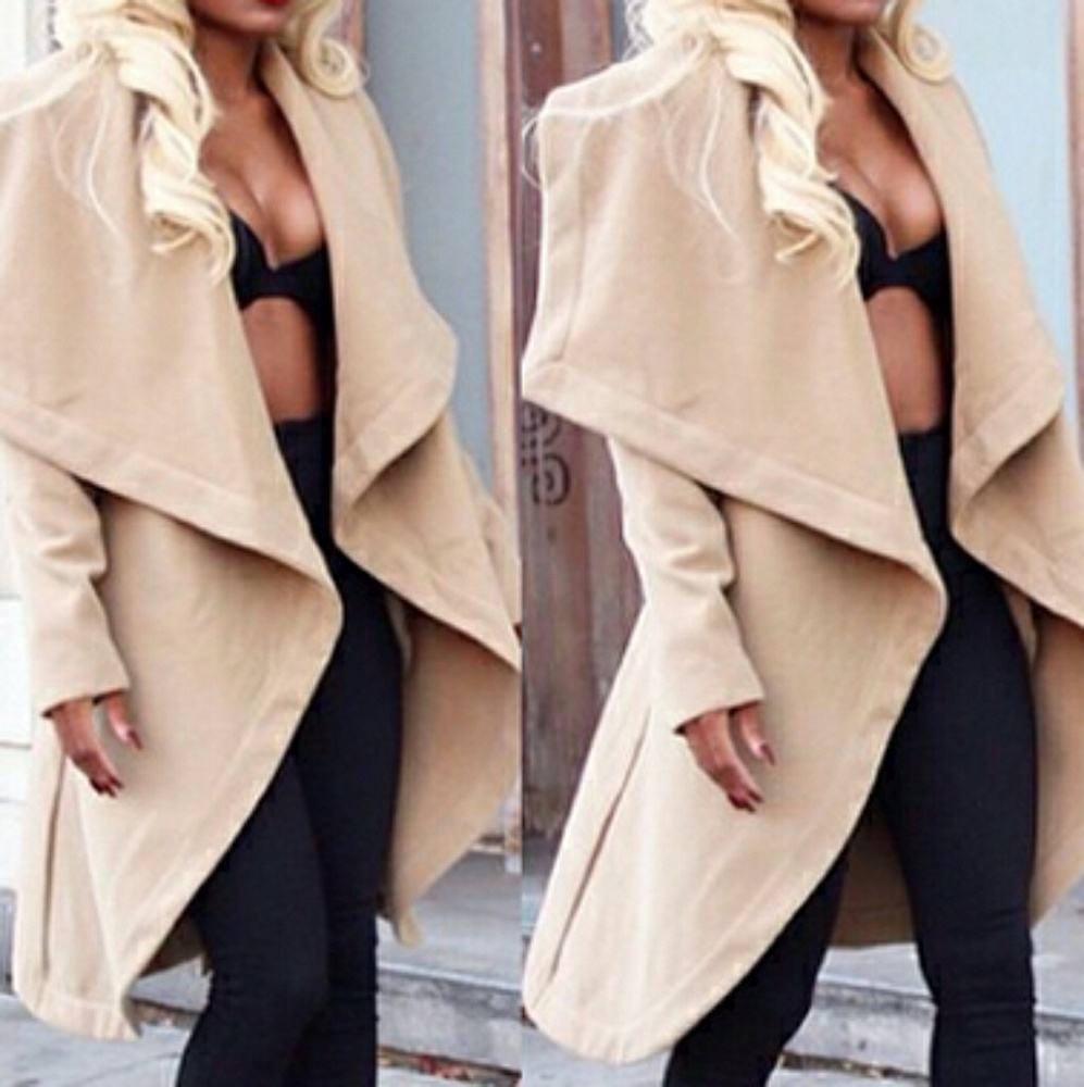 Womens Tan Wrap Coat with Oversized Collar